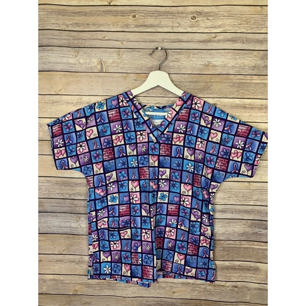 HQ Scrub Top XS Breast Cancer Ribbon Hearts Flower